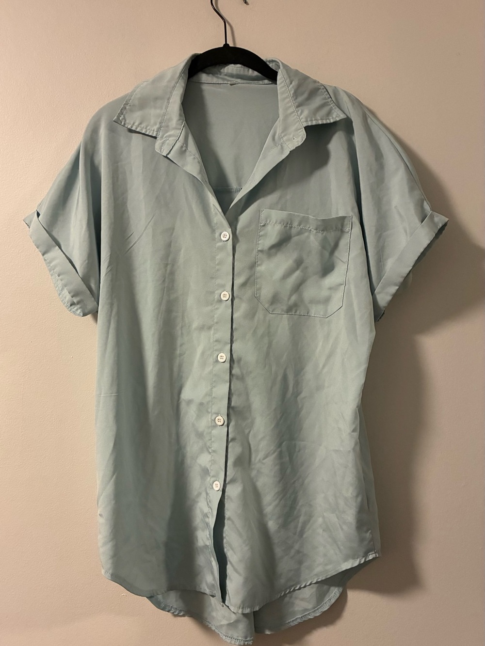 Light Blue Women’s Oversized Short-Sleeve Button-Up Shirt